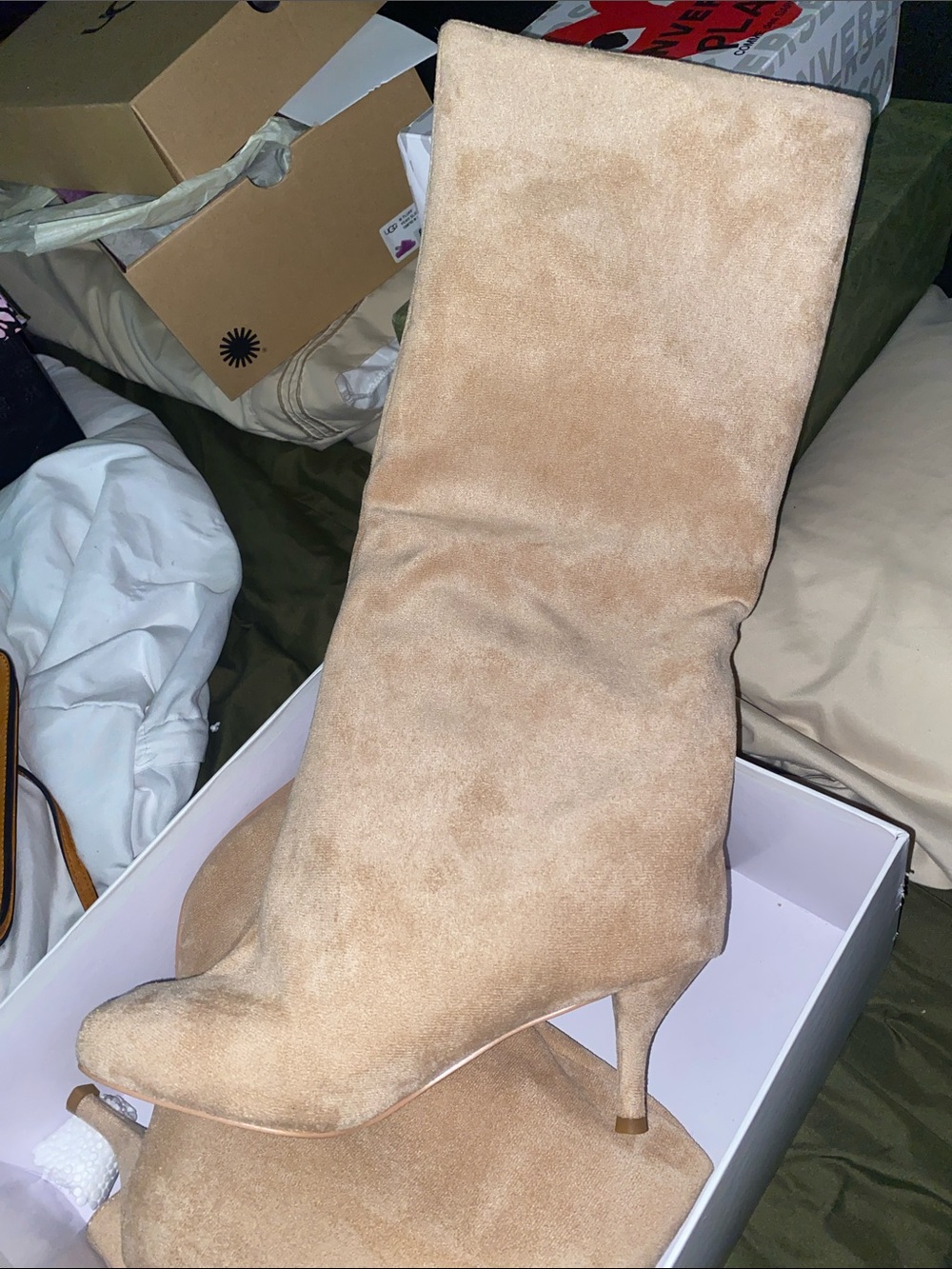 Classic Beige Suede Mid-Calf Heeled Boot